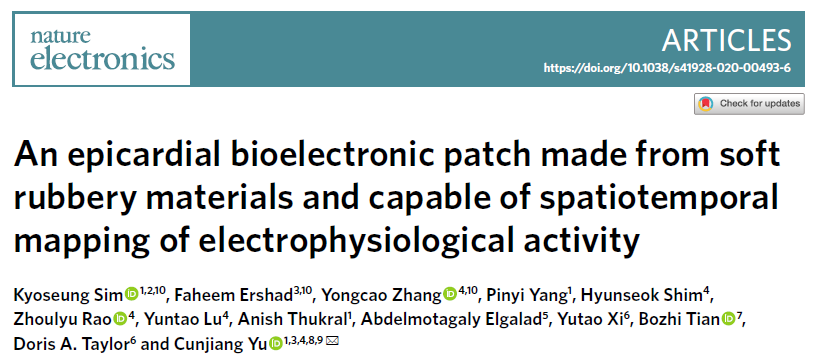 An epicardial bioelectronic patch made from soft rubbery materials and  capable of spatiotemporal mapping of electrophysiological activity